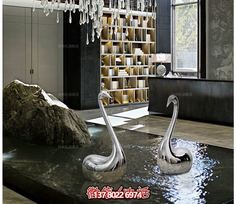 室內(nèi)裝飾抽象不銹鋼鏡面天鵝雕塑