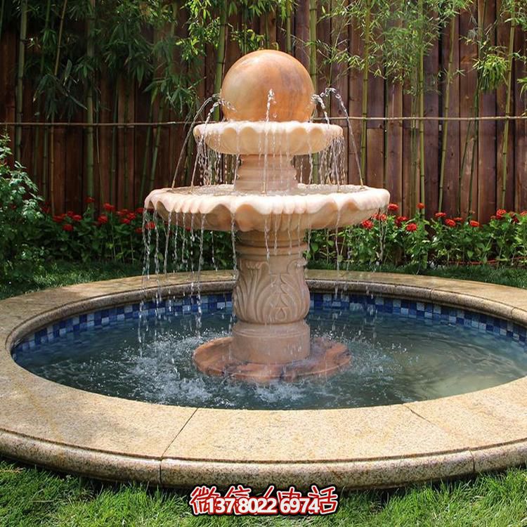 晚霞之紅，流水之?dāng)[件，噴泉之雕塑