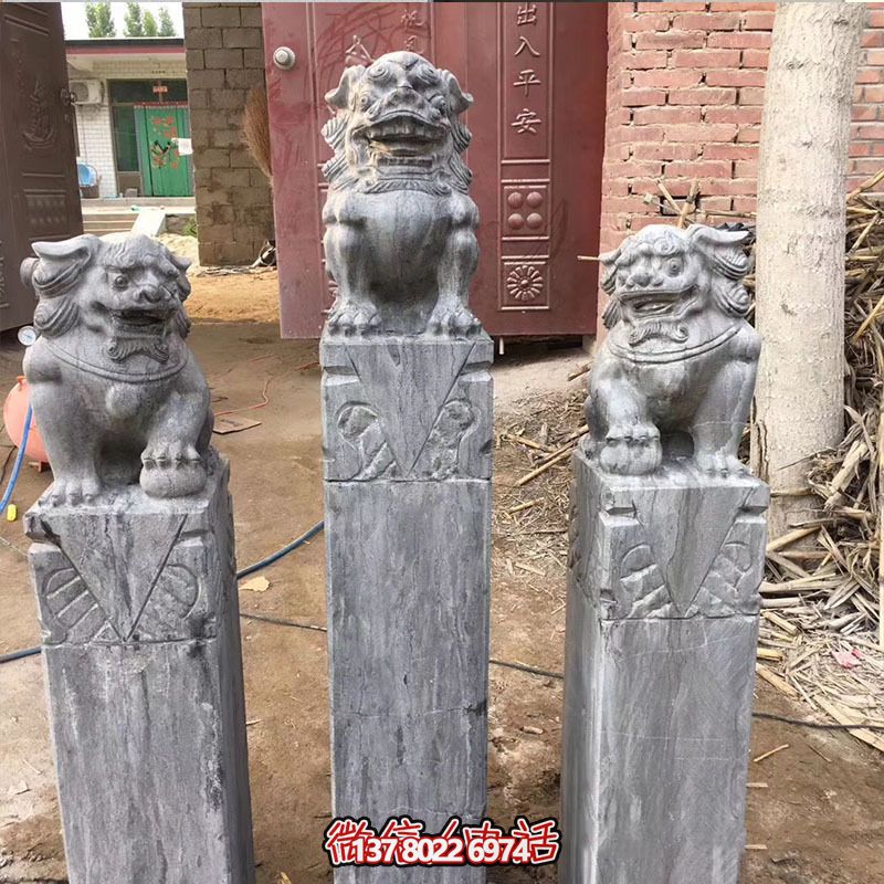 經典仿古石獅子拴馬柱擺件，點綴園林