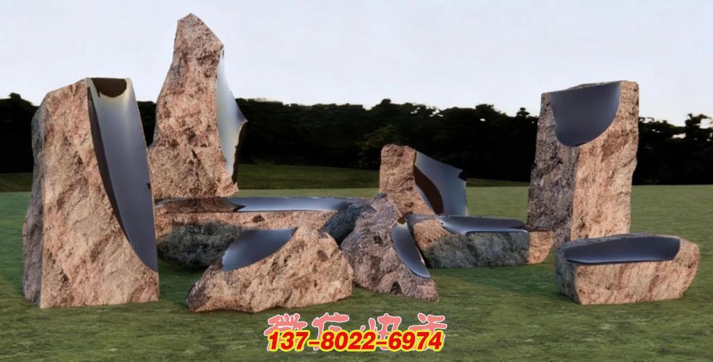 《石語?鏡界》石雕與鏡面不銹鋼結合景觀雕塑